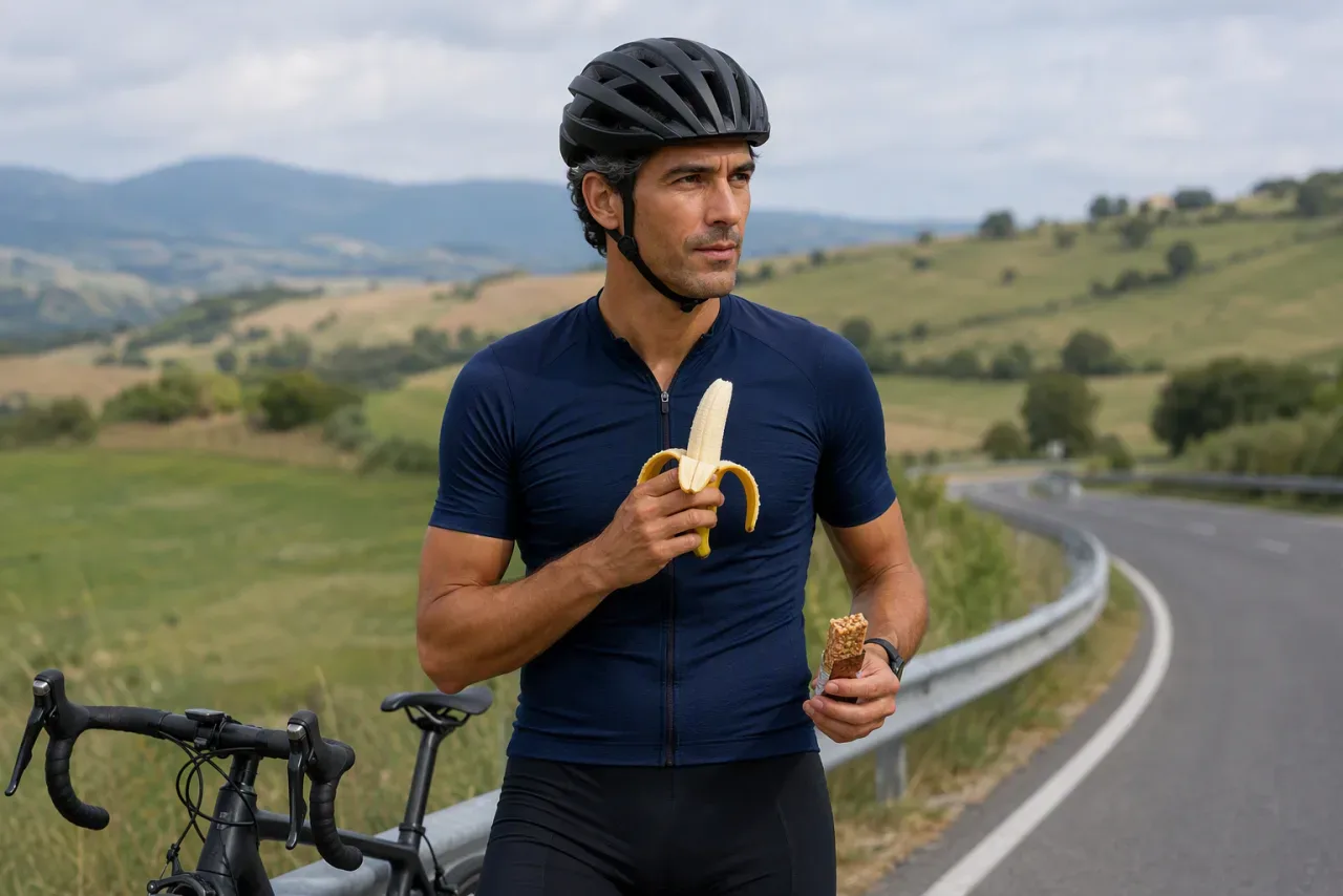 Kolarz na poboczu je banana obok roweru szosowego - jedzenie w trasie
