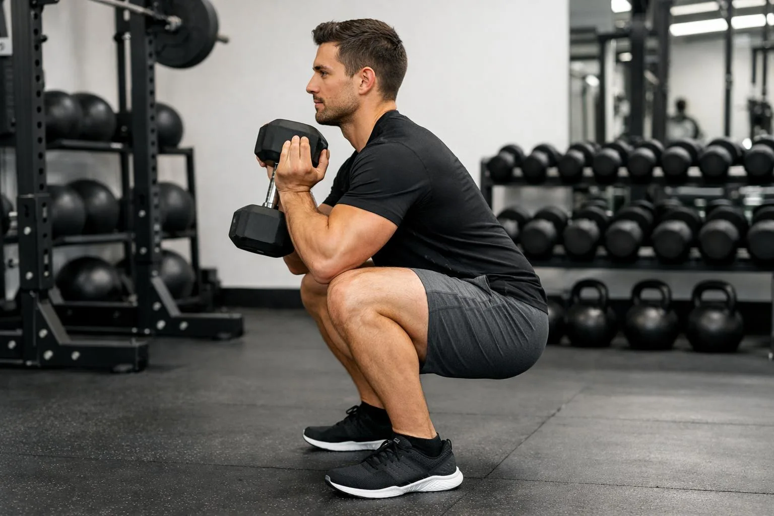 Goblet squat – prawidłowa technika, widok z boku