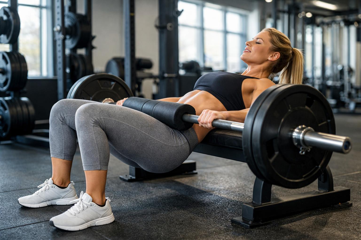 Kobieta wykonuje hip thrust ze sztangą – pełny wyprost bioder, silna aktywacja pośladków