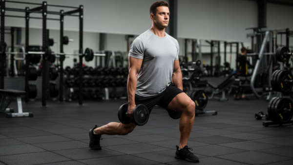 mężczyzna wykonujący wykrok z hantlami podczas treningu obwodowego