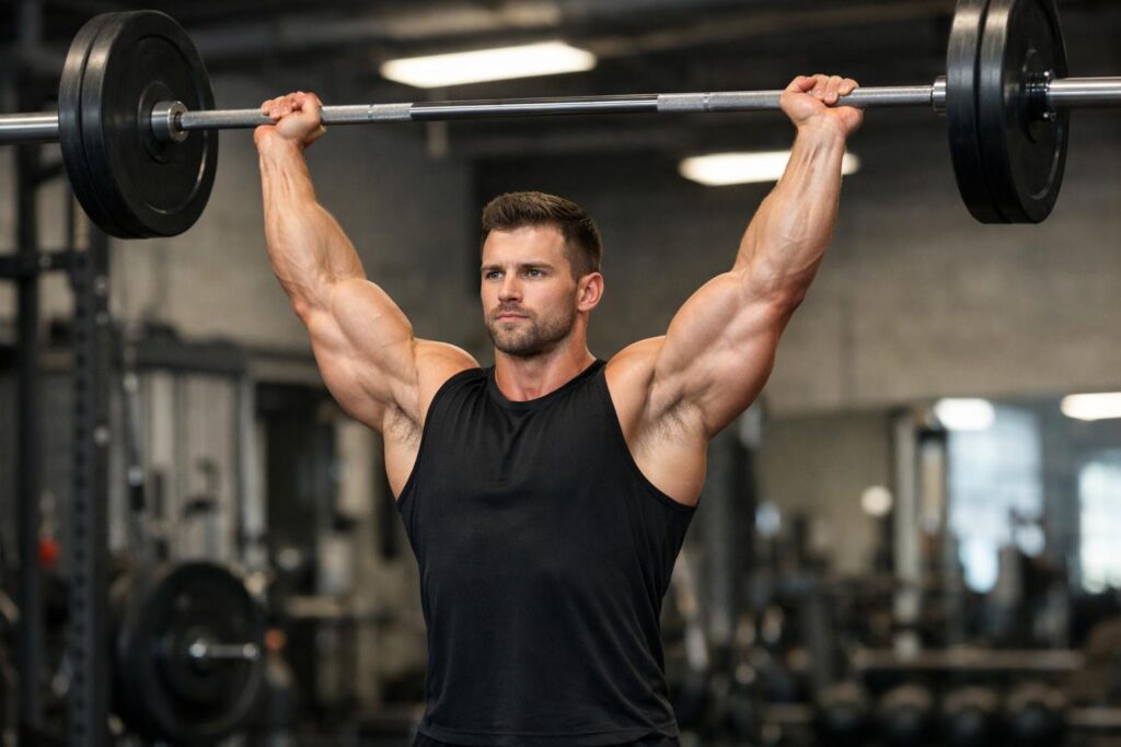 Mężczyzna wyciska sztangę nad głowę (OHP) – ramiona w pełnym wyproście, prawidłowa technika