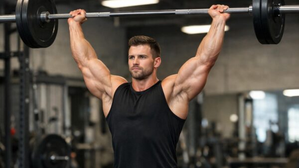 Mężczyzna wyciska sztangę nad głowę (OHP) – ramiona w pełnym wyproście, prawidłowa technika
