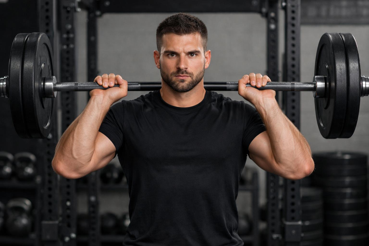 Pozycja startowa OHP – sztanga na wysokości barków, łokcie pod gryfem