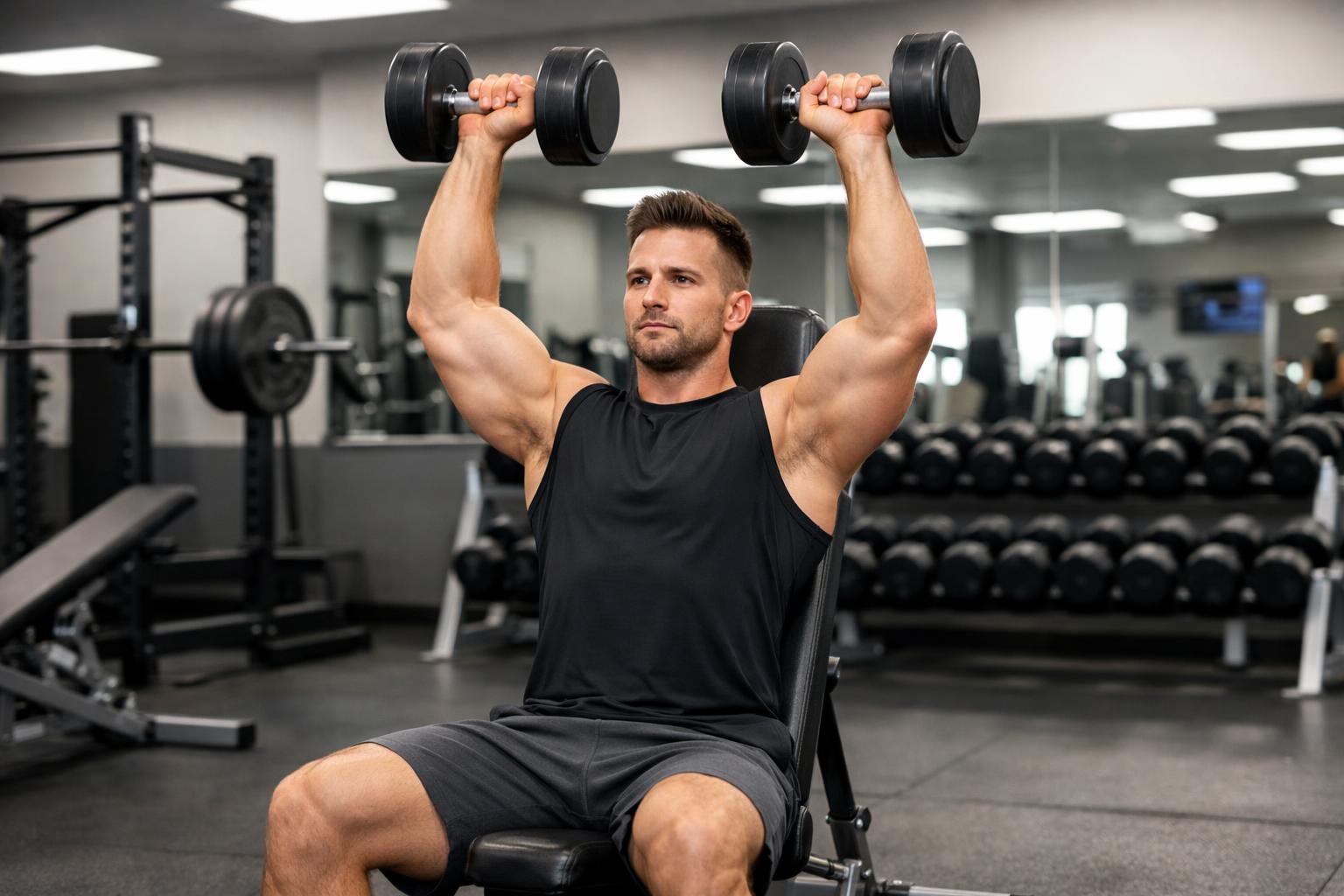 Wyciskanie żołnierskiego z hantlami w siadzie – wariant OHP