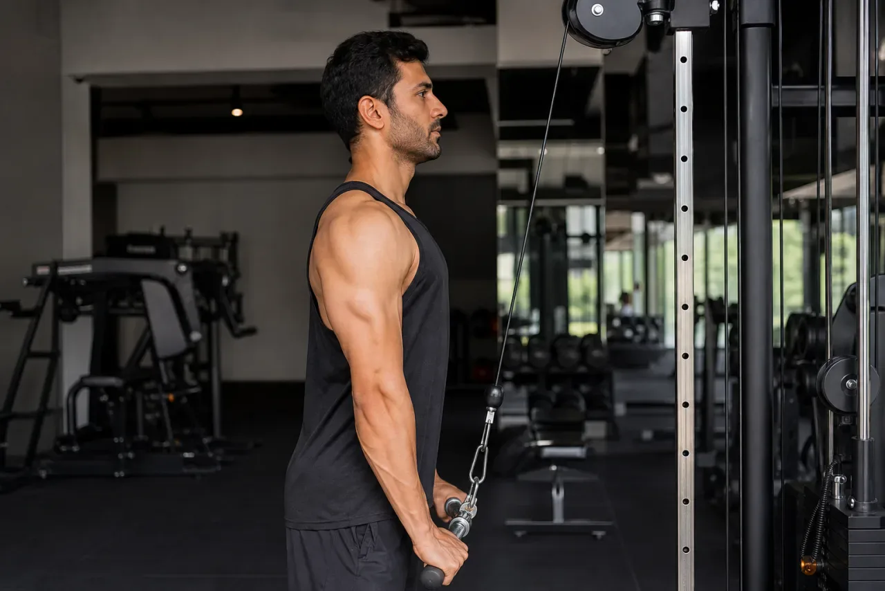 Prostowanie ramion na wyciągu górnym - jedno z ćwiczeń na triceps