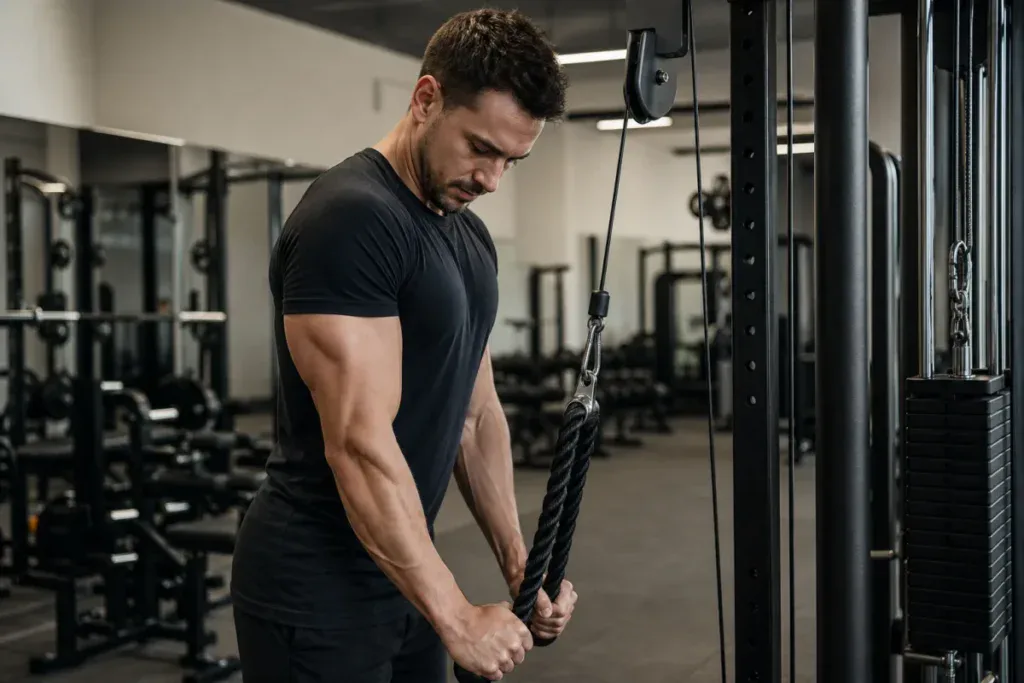 Mężczyzna wykonujący ćwiczenia na triceps - prostowanie na wyciągu w siłowni