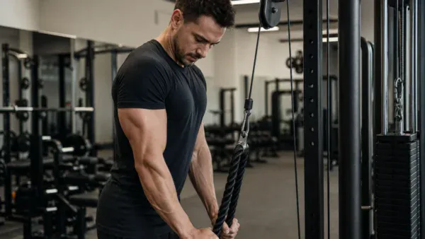 Mężczyzna wykonujący ćwiczenia na triceps - prostowanie na wyciągu w siłowni