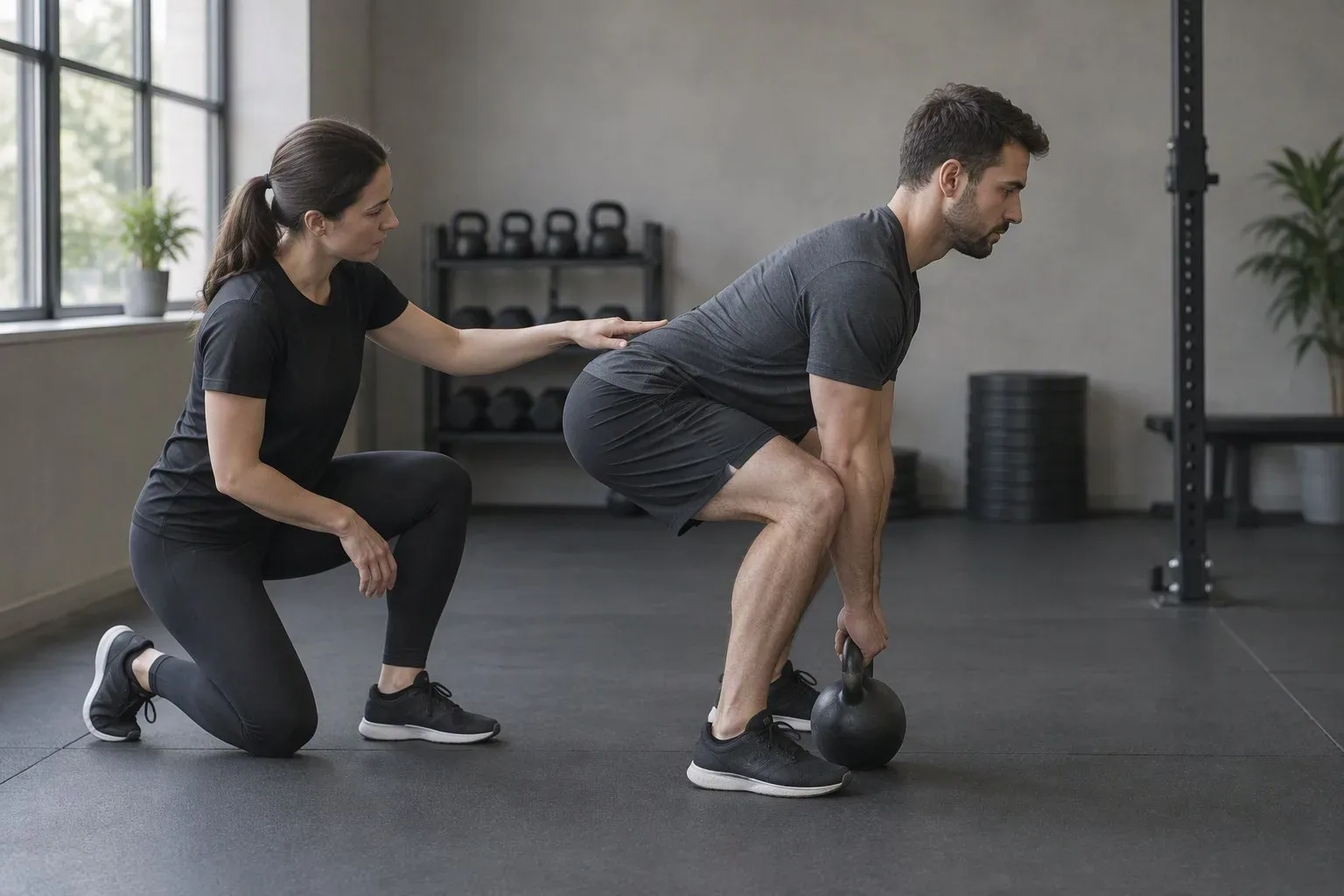 Trenerka koryguje zawias biodrowy podczas martwego ciągu z kettlebell